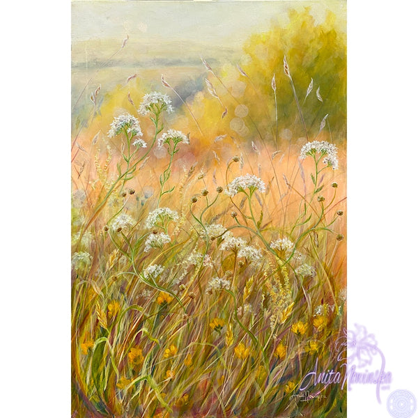 sunlit summer meadow painting acrylic on canvas anita nowinska peace gold yellow white
