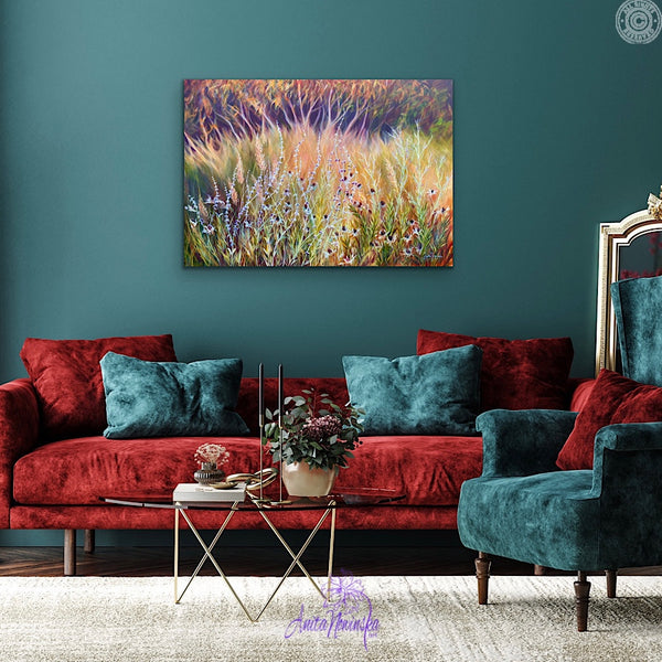 autumn garden painting by anita nowinska in teal and red room