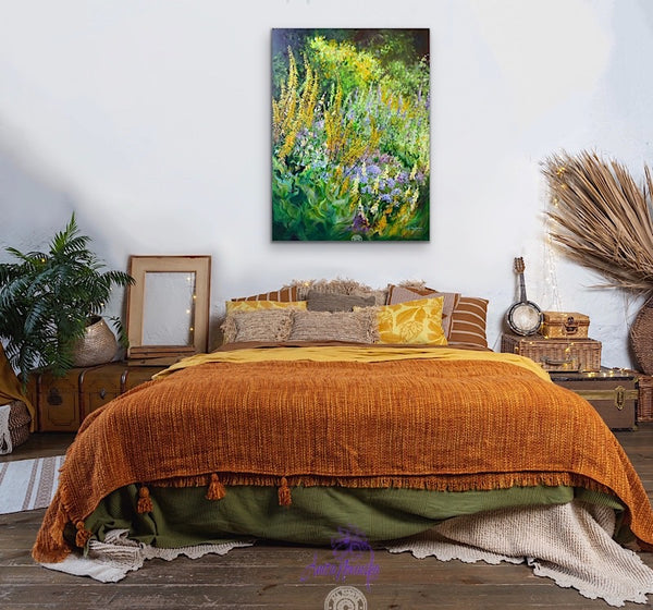 big flower painting  green & yellow garden border by anita nowinska