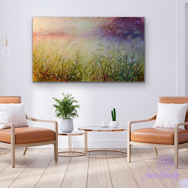 sunlit meadow painting on canvas by Anita Nowinska bokeh