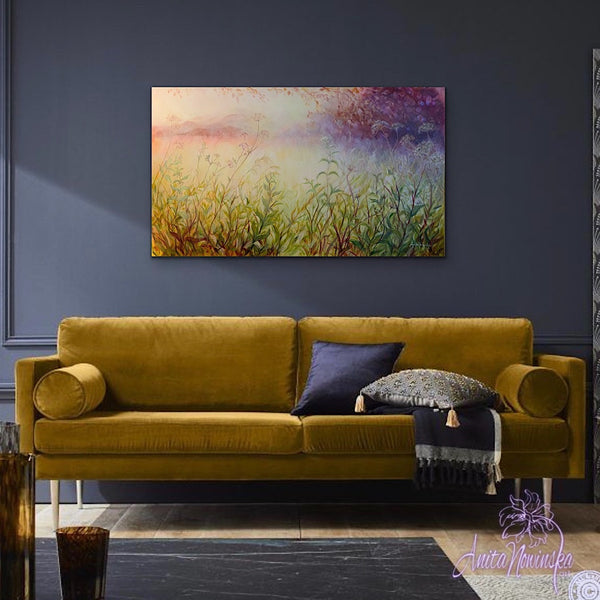 sunlit meadow painting on canvas by Anita Nowinska bokeh