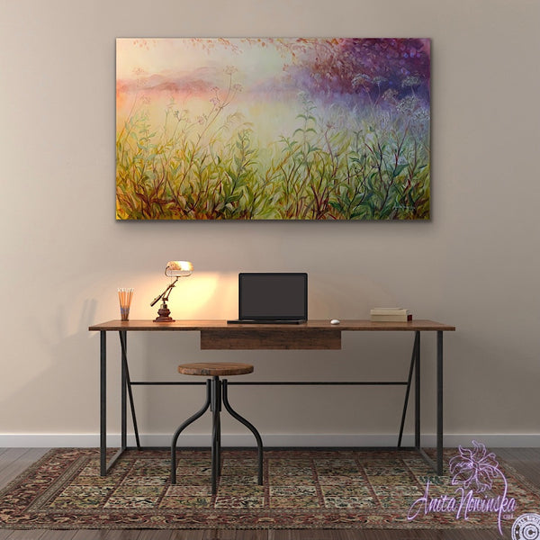 sunlit meadow painting on canvas by Anita Nowinska bokeh