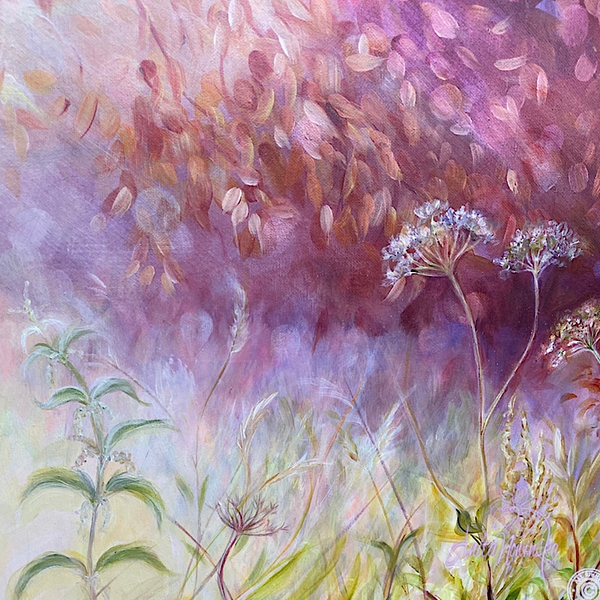 sunlit meadow painting on canvas by Anita Nowinska bokeh