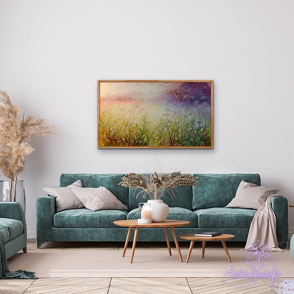 sunlit meadow painting on canvas by Anita Nowinska bokeh