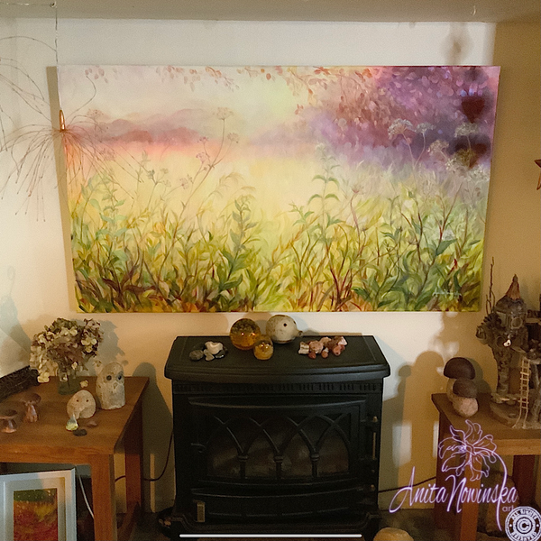 sunlit meadow painting on canvas by Anita Nowinska bokeh