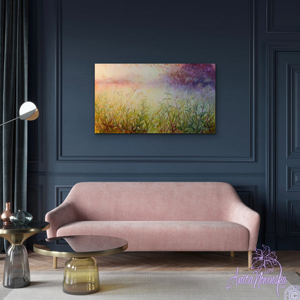 sunlit meadow painting on canvas by Anita Nowinska bokeh