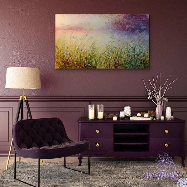 sunlit meadow painting on canvas by Anita Nowinska bokeh