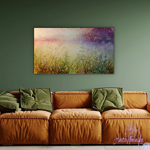 sunlit meadow painting on canvas by Anita Nowinska bokeh