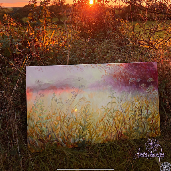 sunlit meadow painting on canvas by Anita Nowinska bokeh