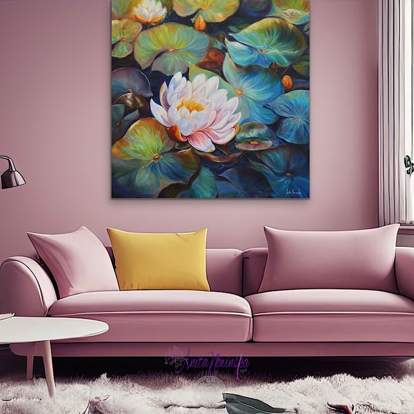 waterliles waterlily pond big flower painting by Anita Nowinska
