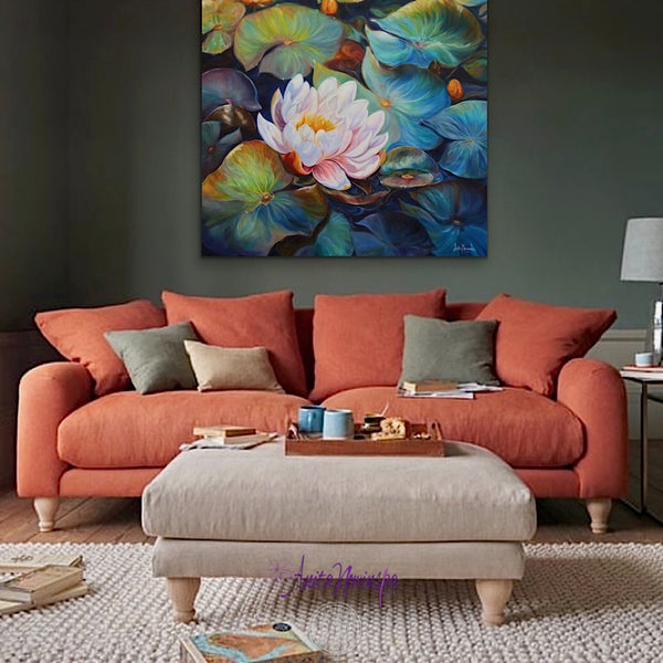 waterliles waterlily pond big flower painting by Anita Nowinska