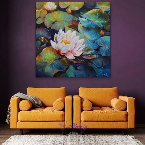 waterliles waterlily pond big flower painting by Anita Nowinska