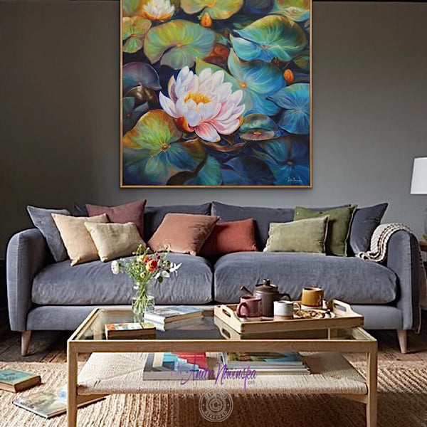 waterliles waterlily pond big flower painting by Anita Nowinska