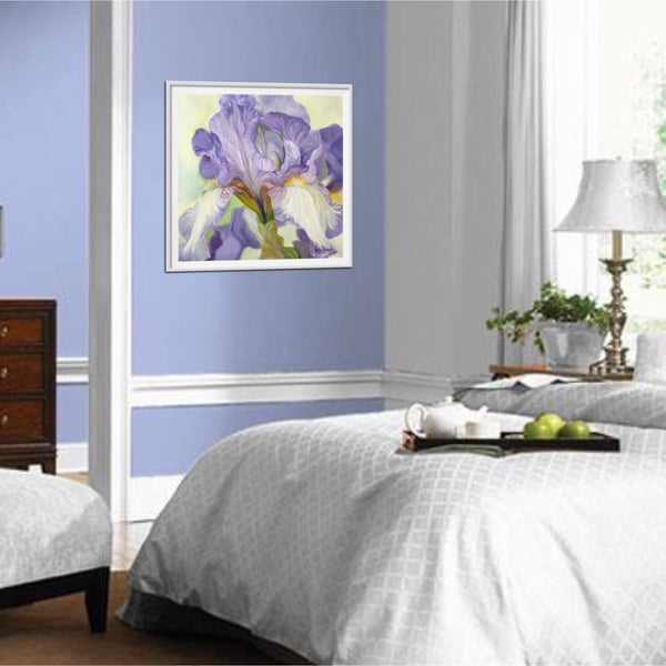 Beautiful soft lilac and cream iris painting creating relaxation through an original oil on canvas flower painting