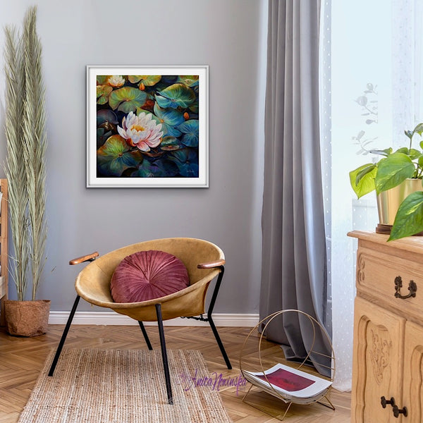 16" Fine art print of fortitude a big flower painting of a pink water lily on a pond lilypads