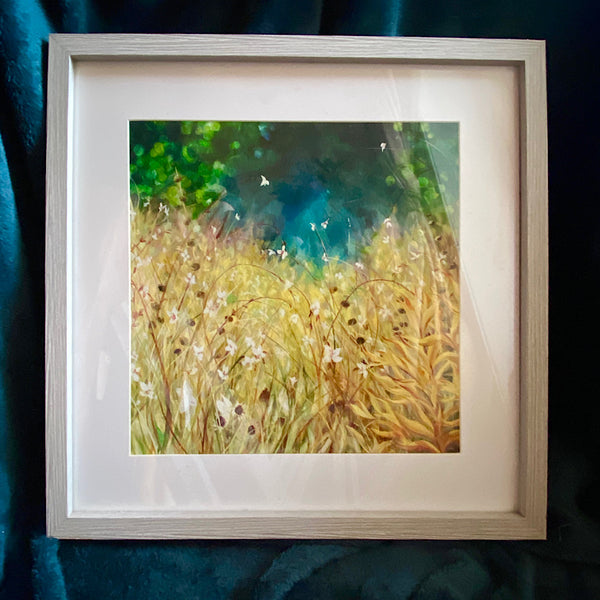 30cm print in 40cm frame of golden grasses and seedheads on teal meadow painting by anita nowinska