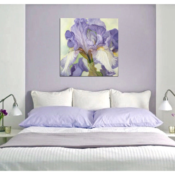 Beautiful soft lilac and cream iris painting creating relaxation through an original oil on canvas flower painting