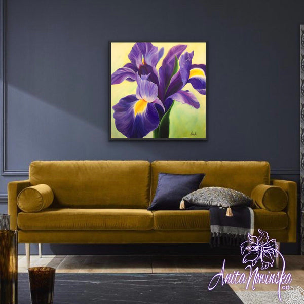 A Deep purple iris with flash of yellow in an oil on canvas flower painting by Anita. 
