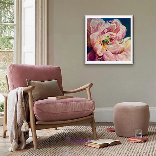 fine art canvas print of la belle epoque tulip big flower painting by anita nowinska with pink peach and gold tones on a teal background.jpg