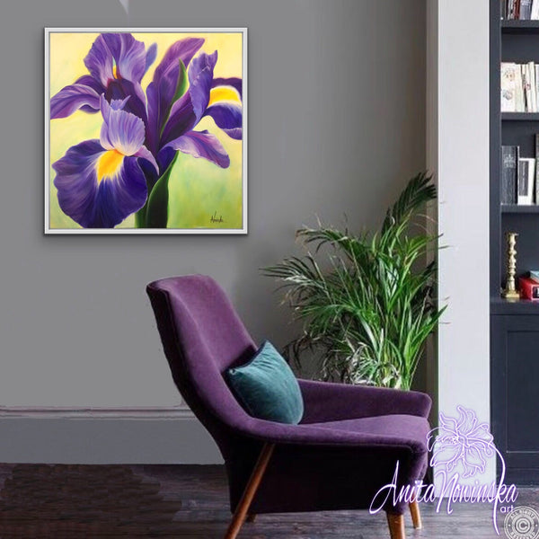 A Deep purple iris with flash of yellow in an oil on canvas flower painting by Anita. 