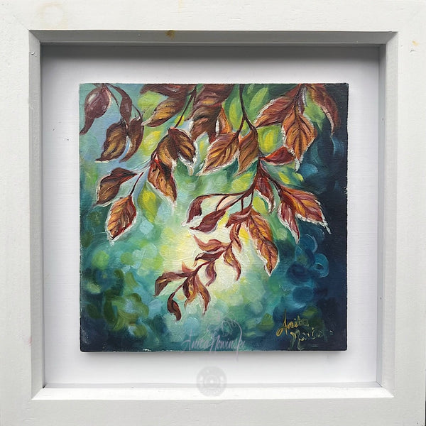 Sping beech leaves small framed oil painting on a teal dappled background
