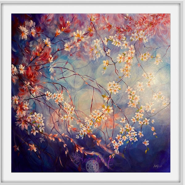 believe fine art print of cherry blossom on a blue and navy background by anita nowinska