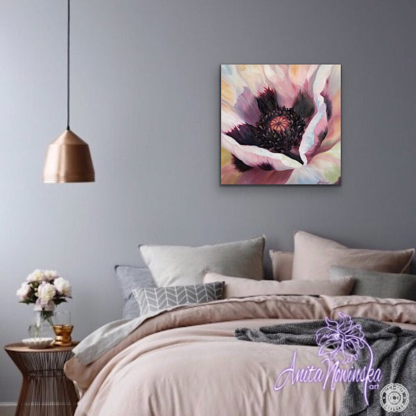 Beautiful sensual oil painting, flower painting of the middle of an oriental poppy with tones off peach, pink, lilac, yellow by anita nowinska
