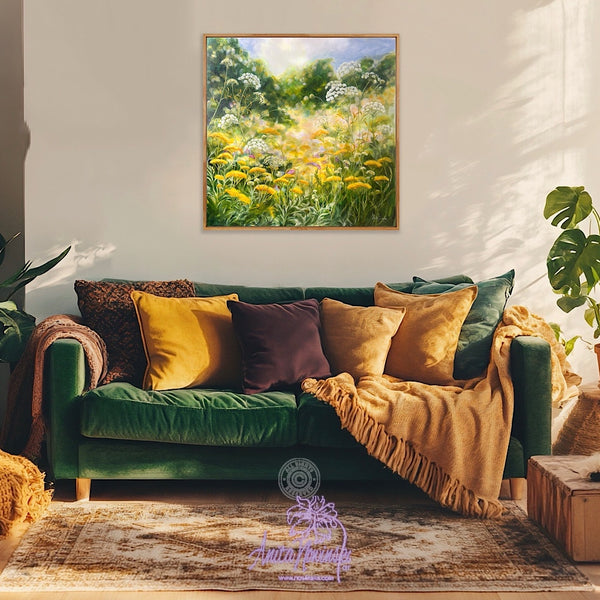 Green sofa with colorful cushions and a painting of a floral landscape on the wall.
