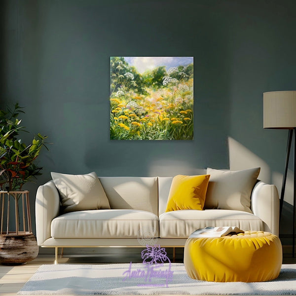 Living room with a white sofa, yellow pouf, and a painting of a floral field on the wall.