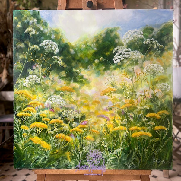 Beyond- Large oil painting o cow parsley & golden yarrow in a wild flower meadow by anita nowinska.JPEG
