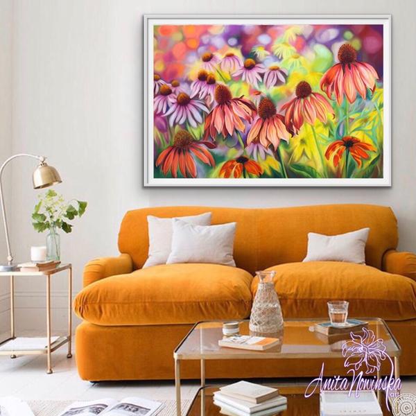 Big bright flower painting of red & pink echinacea by floral artist Anita Nowinska