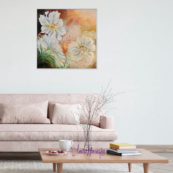 Sun lit white cosmos big flower painting by anita nowinska with dappled sunlight bokeh in living roomm interior decor
