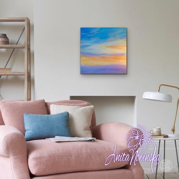 Blue Lilac & yellow sunrise sky painting by Anita Nowinska
