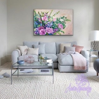 big flower painting, oil on canvas, of a Spring wedding bouquet in pinks & blues by anita nowinska