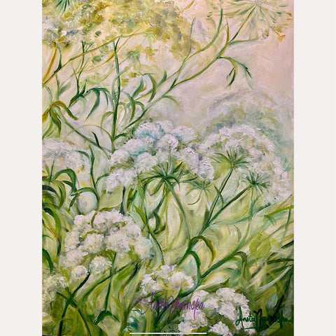 clemency is a small original oil paining of wild cow parsley with white flowers and green leaves of wild meadow flowers by Anita Nowinska