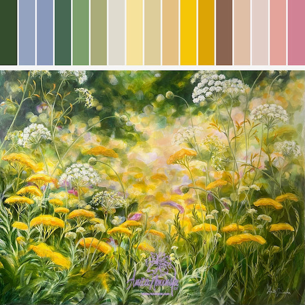 colour palette forBeyond- Large oil painting o cow parsley & golden yarrow in a wild flower meadow by anita nowinska.JPEG