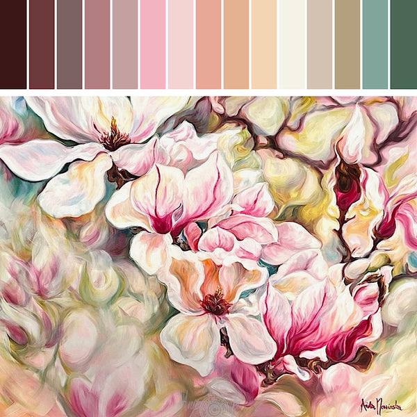 Hanakatoba- big flower painting of magnolias in pink cream & white by anita nowinska
