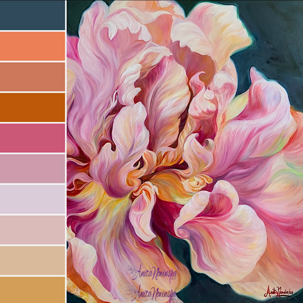 colour palette for anita nowinska big flower painting of a la belle epoque tulup with pink gold and peach tones