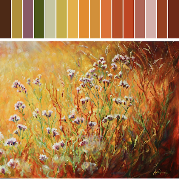 Color swatch with vertical stripes followed by a painting of flowers and grasses in warm colors.