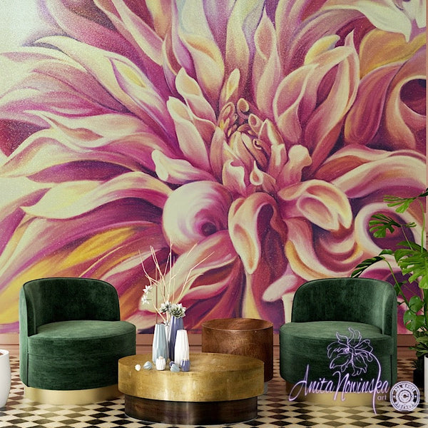 peach dahlia floral wallpaper mural-Anita Nowinska