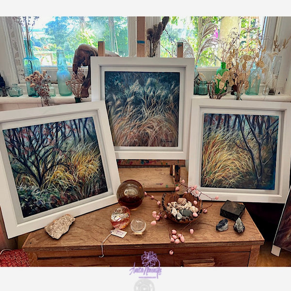 Dwindling ii- Winter trees & grasses painting in gold teal & turquoise by anita nowinska art