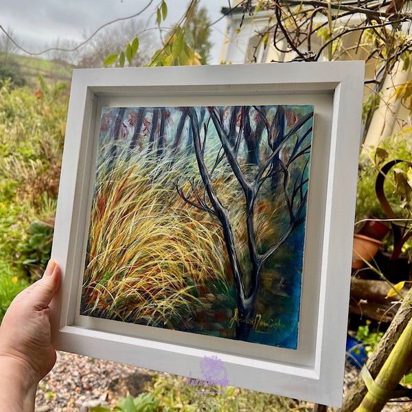 Dwindling ii- Winter trees & grasses painting in gold teal & turquoise by anita nowinska art