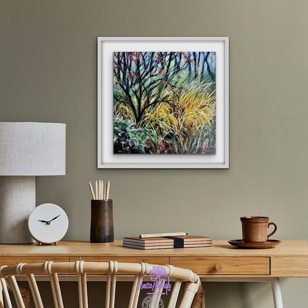 Dwindling ii- Winter trees & grasses painting in gold teal & turquoise by anita nowinska art