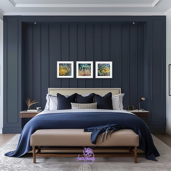 Dwindling i-iii three small framed paintings of  Winter trees & grasses painting in gold teal & turquoise by anita nowinska art