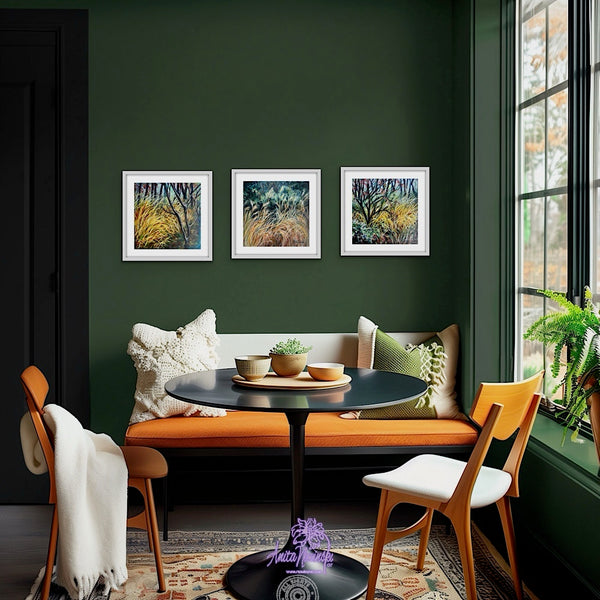 Dwindling i-ii three small framed paintings of  Winter trees & grasses painting in gold teal & turquoise by anita nowinska art.JPEG