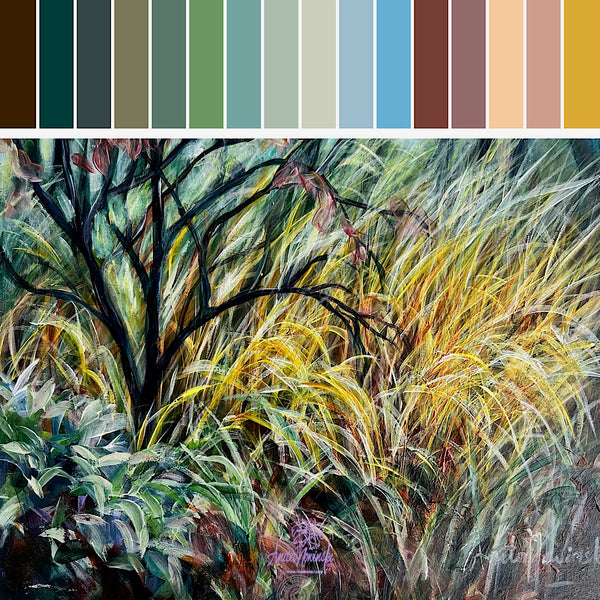 Dwindling ii- Winter trees & grasses painting in gold teal & turquoise by anita nowinska art.JPEG