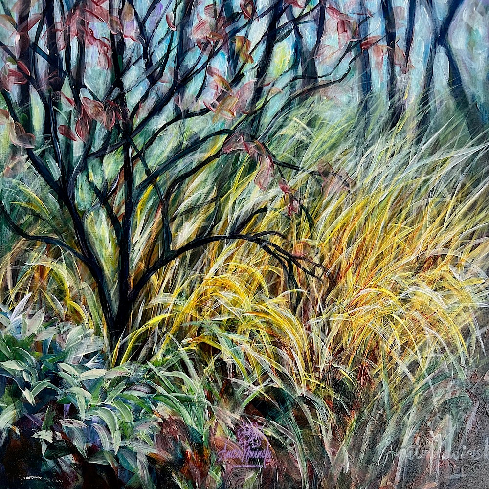 Dwindling ii- Winter trees & grasses painting in gold teal & turquoise by anita nowinska art.JPEG