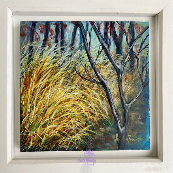 Dwindling ii- Winter trees & grasses painting in gold teal & turquoise by anita nowinska art