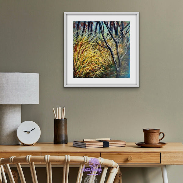 Dwindling ii- Winter trees & grasses painting in gold teal & turquoise by anita nowinska art