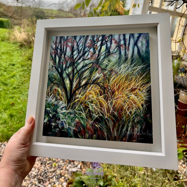 Dwindling ii- Winter trees & grasses painting in gold teal & turquoise by anita nowinska art.JPEG